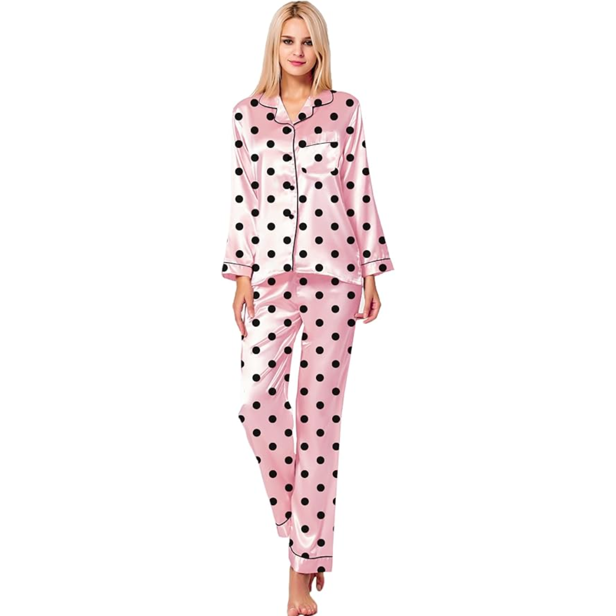 Polka Dot Satin Pajama Set With Button Down Top