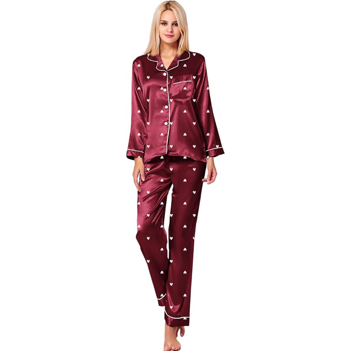 Long Sleeve Satin Printed Button Down Pajama Set