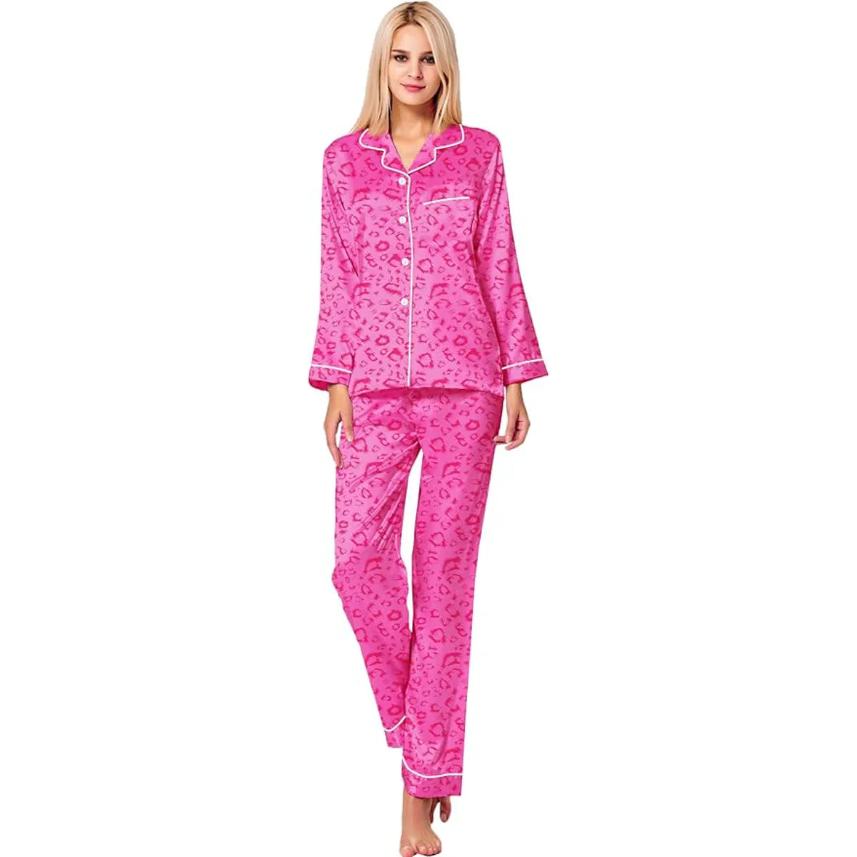 Long Sleeve Satin Pajama Set With Printed Design