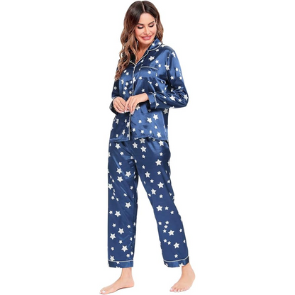 Long Sleeve Satin Printed Button Down Pajama Set