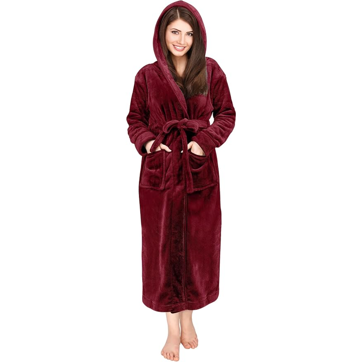 Hooded Fleece Flannel Plush Robe With Pockets