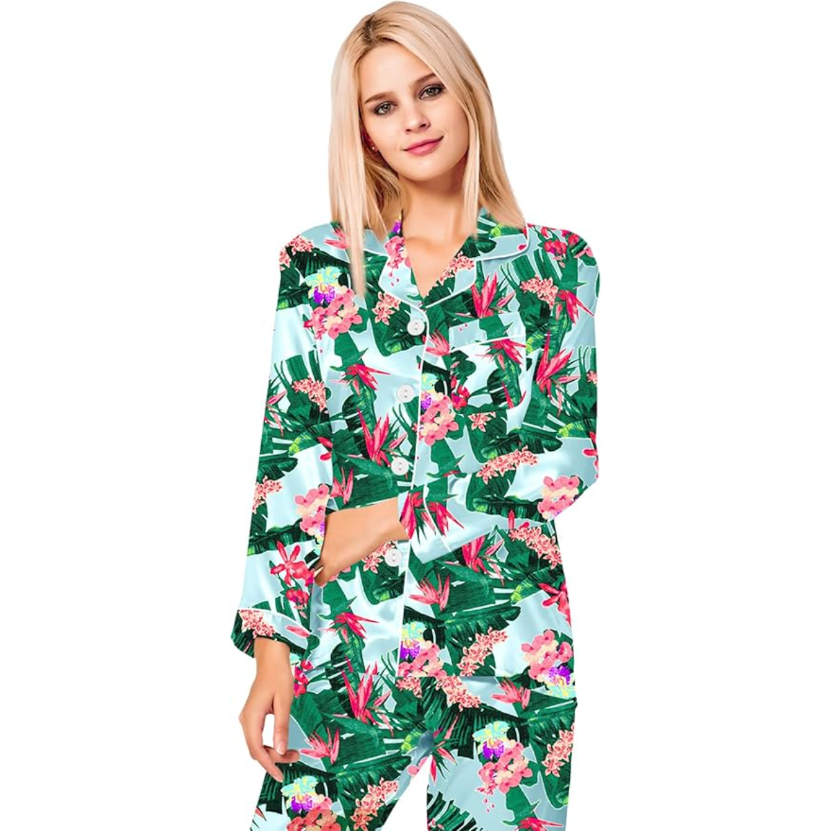 Long Sleeve Satin Printed Button Down Pajama Set