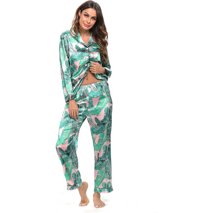 Long Sleeve Satin Printed Button Down Pajama Set