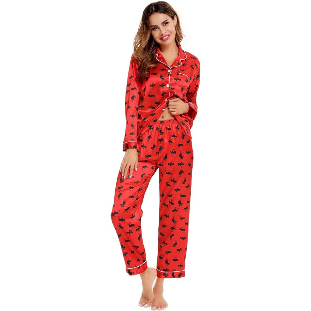 Long Sleeve Satin Printed Button Down Pajama Set