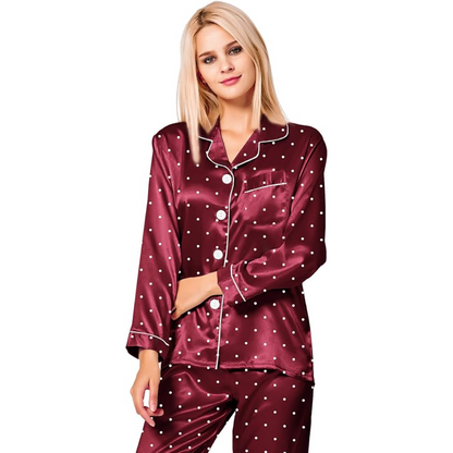 Polka Dot Satin Pajama Set With Button Down Top