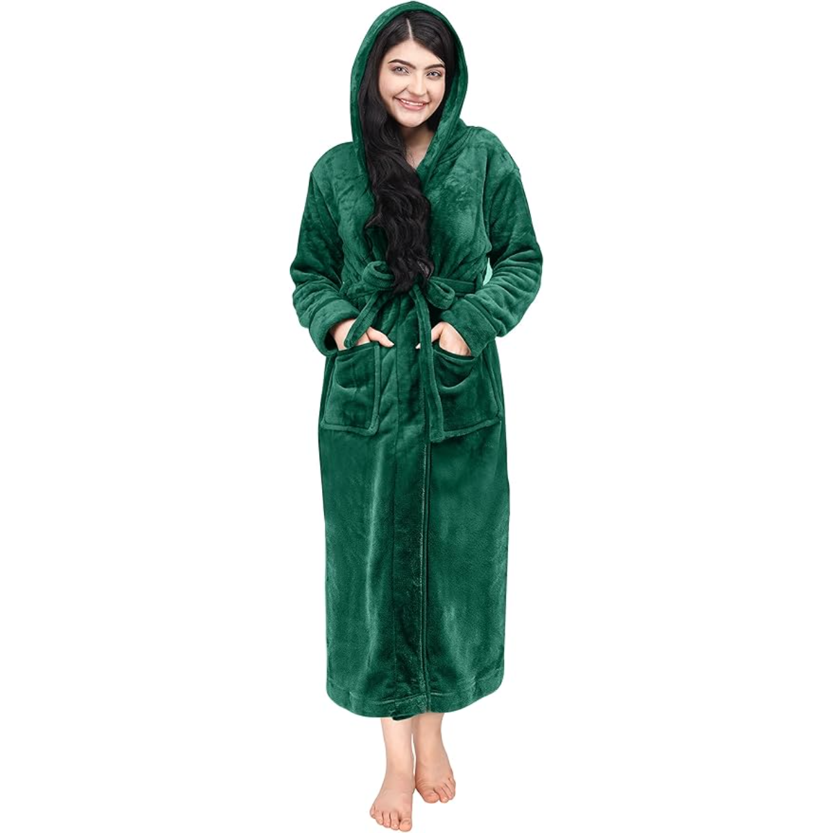 Hooded Fleece Flannel Plush Robe With Pockets