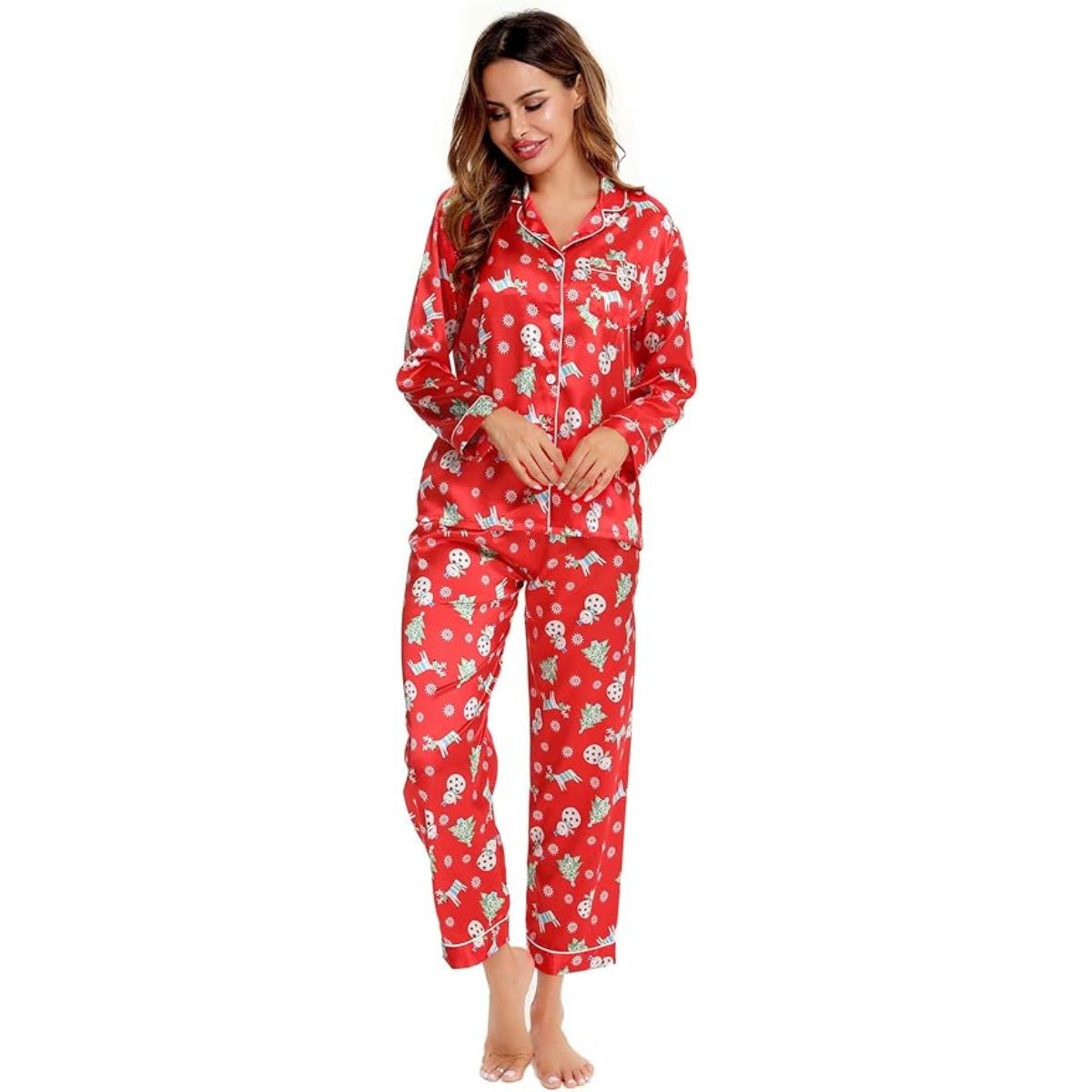 Long Sleeve Satin Printed Button Down Pajama Set