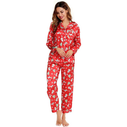 Long Sleeve Satin Printed Button Down Pajama Set