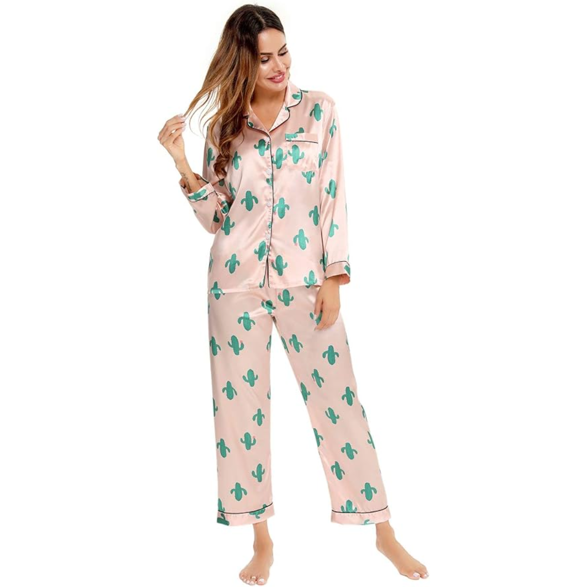 Long Sleeve Satin Printed Button Down Pajama Set