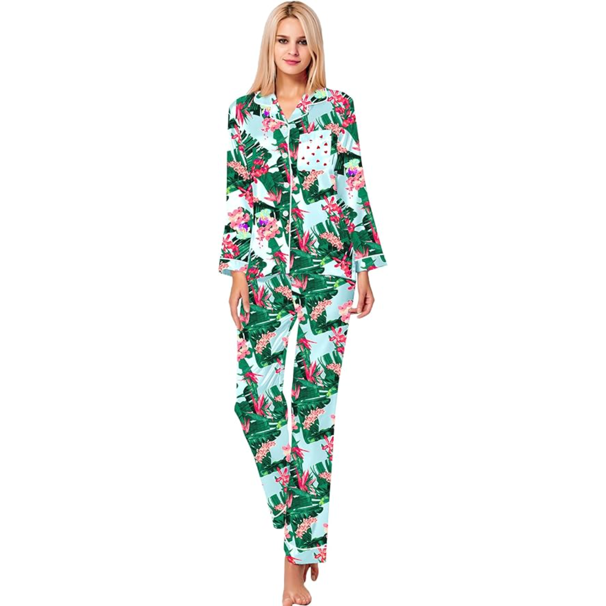 Long Sleeve Satin Printed Button Down Pajama Set