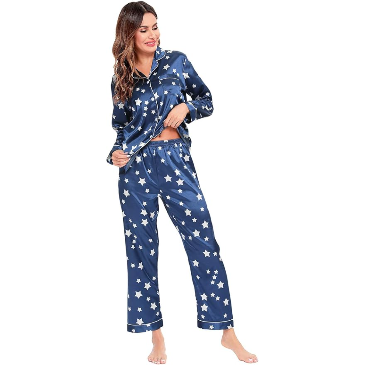 Long Sleeve Satin Printed Button Down Pajama Set