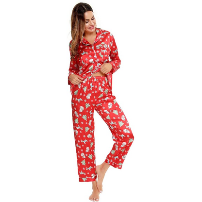 Long Sleeve Satin Printed Button Down Pajama Set