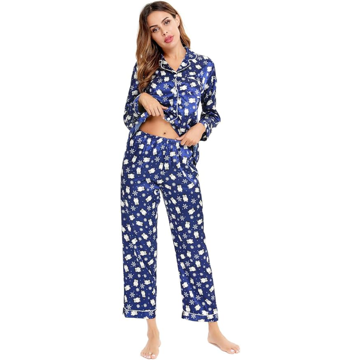 Long Sleeve Satin Printed Button Down Pajama Set