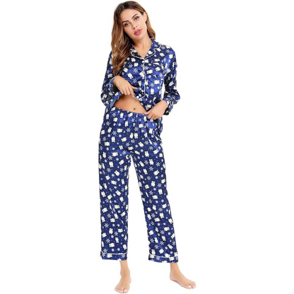 Long Sleeve Satin Printed Button Down Pajama Set