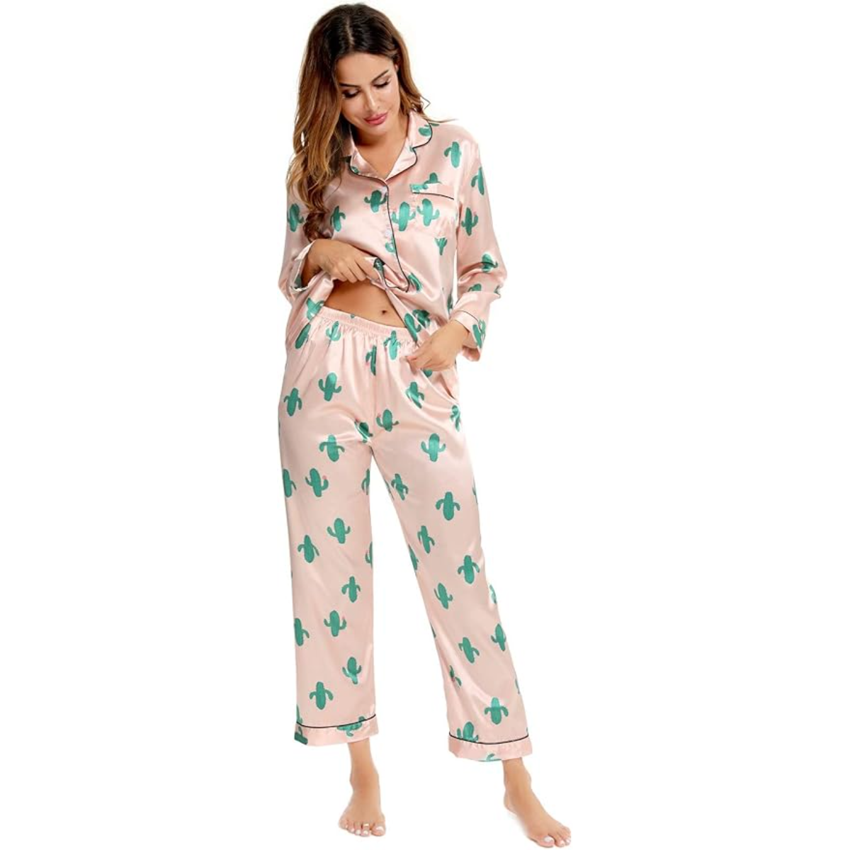 Long Sleeve Satin Printed Button Down Pajama Set