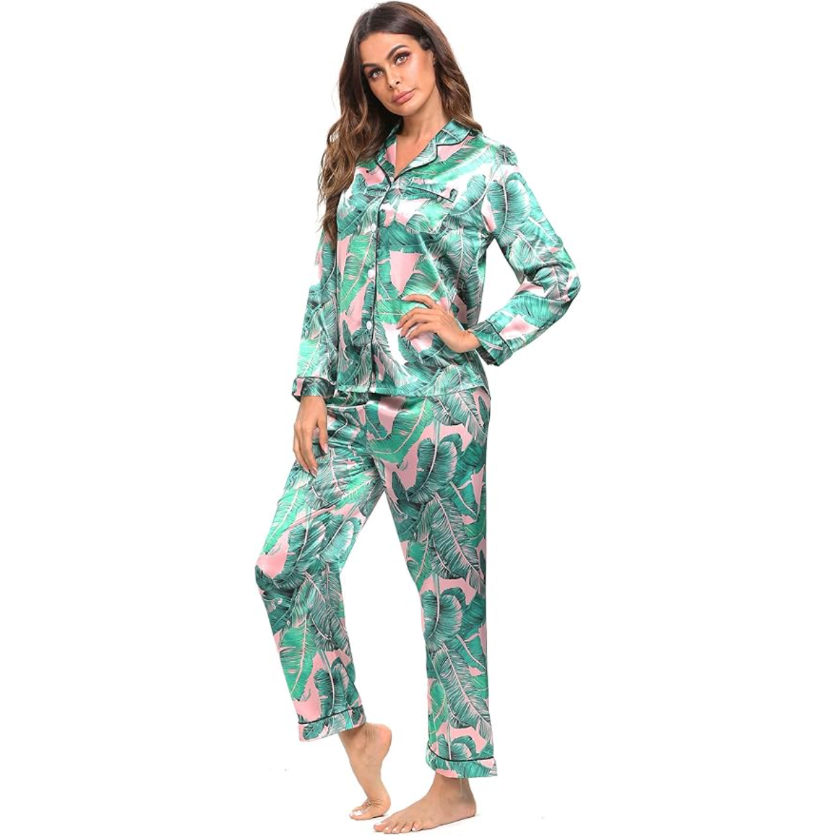 Long Sleeve Satin Printed Button Down Pajama Set