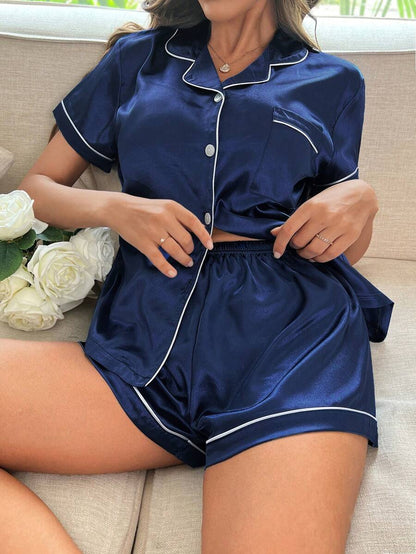 Satin Pajama Set With Contrast Piping And Button Front Top