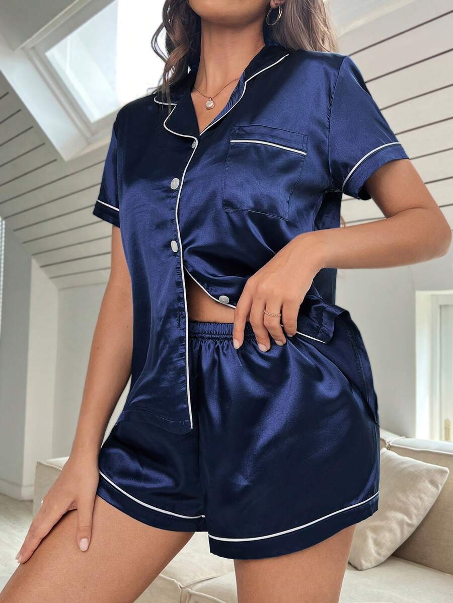 Satin Pajama Set With Contrast Piping And Button Front Top