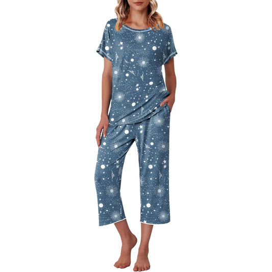 Printed Short Sleeve Capri Pajama Set