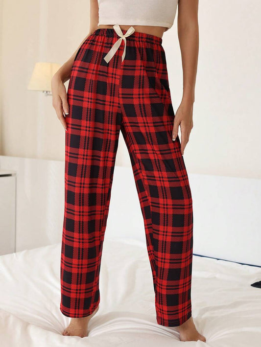 Grid Pattern Pajama Bottoms With Bowknot Detail