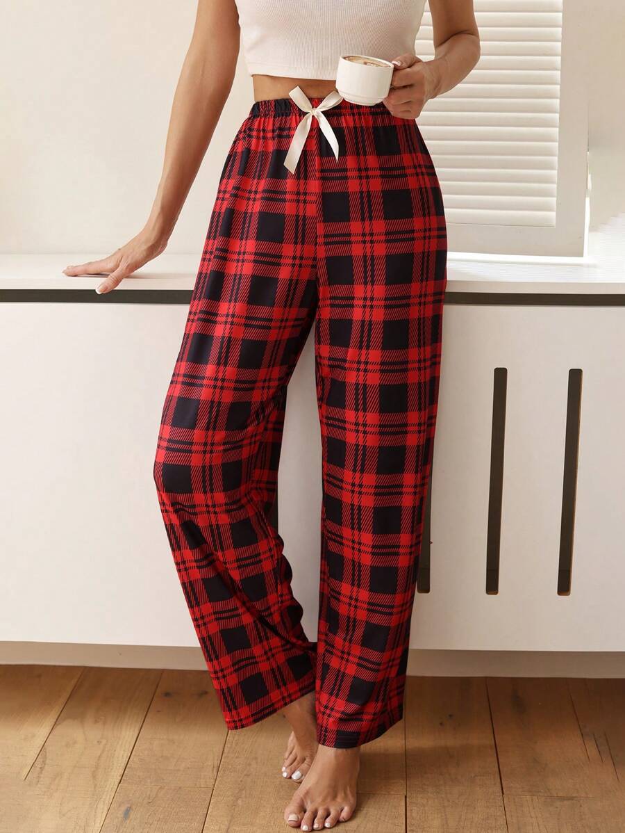 Grid Pattern Pajama Bottoms With Bowknot Detail