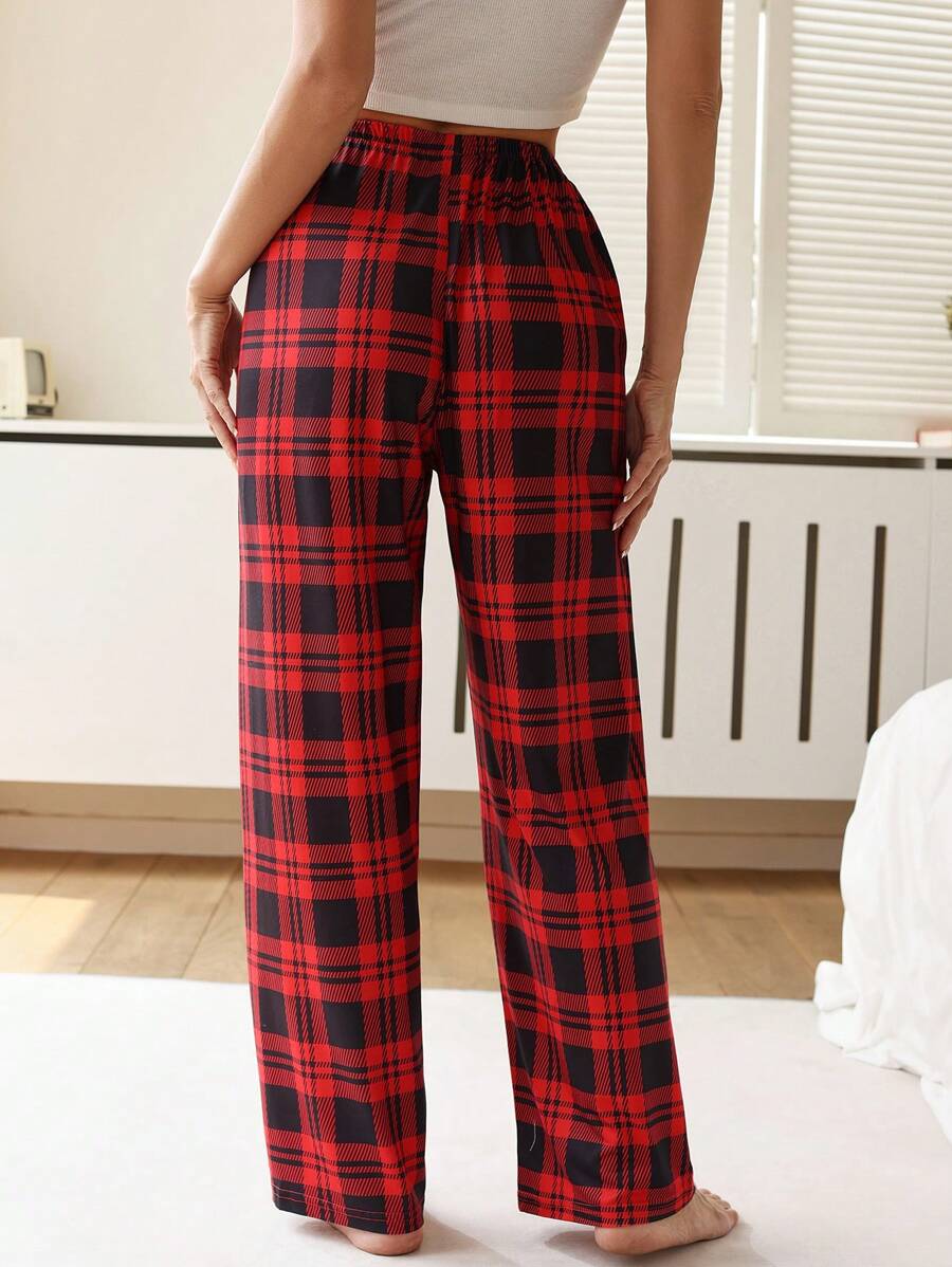 Grid Pattern Pajama Bottoms With Bowknot Detail