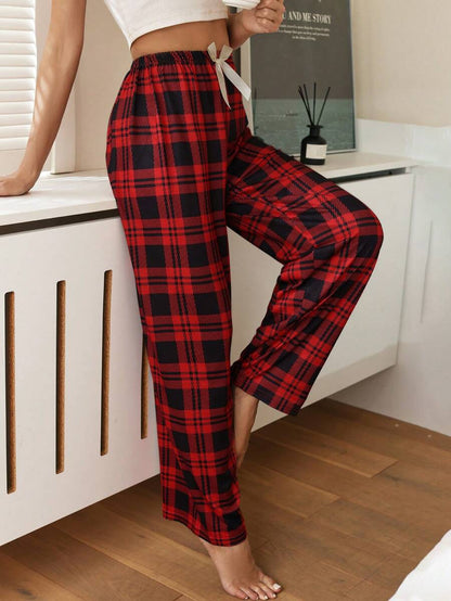 Grid Pattern Pajama Bottoms With Bowknot Detail