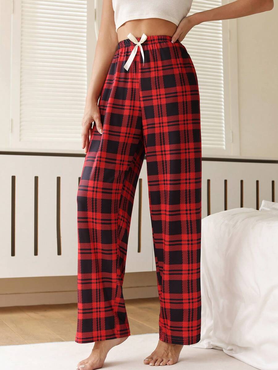 Grid Pattern Pajama Bottoms With Bowknot Detail