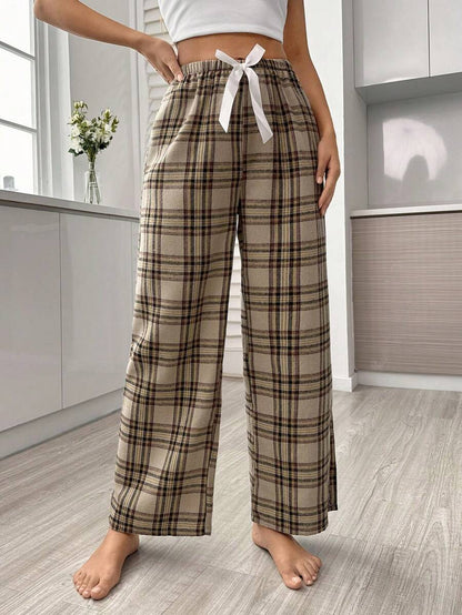 Plaid Print Pajama Pants With Bow Detail