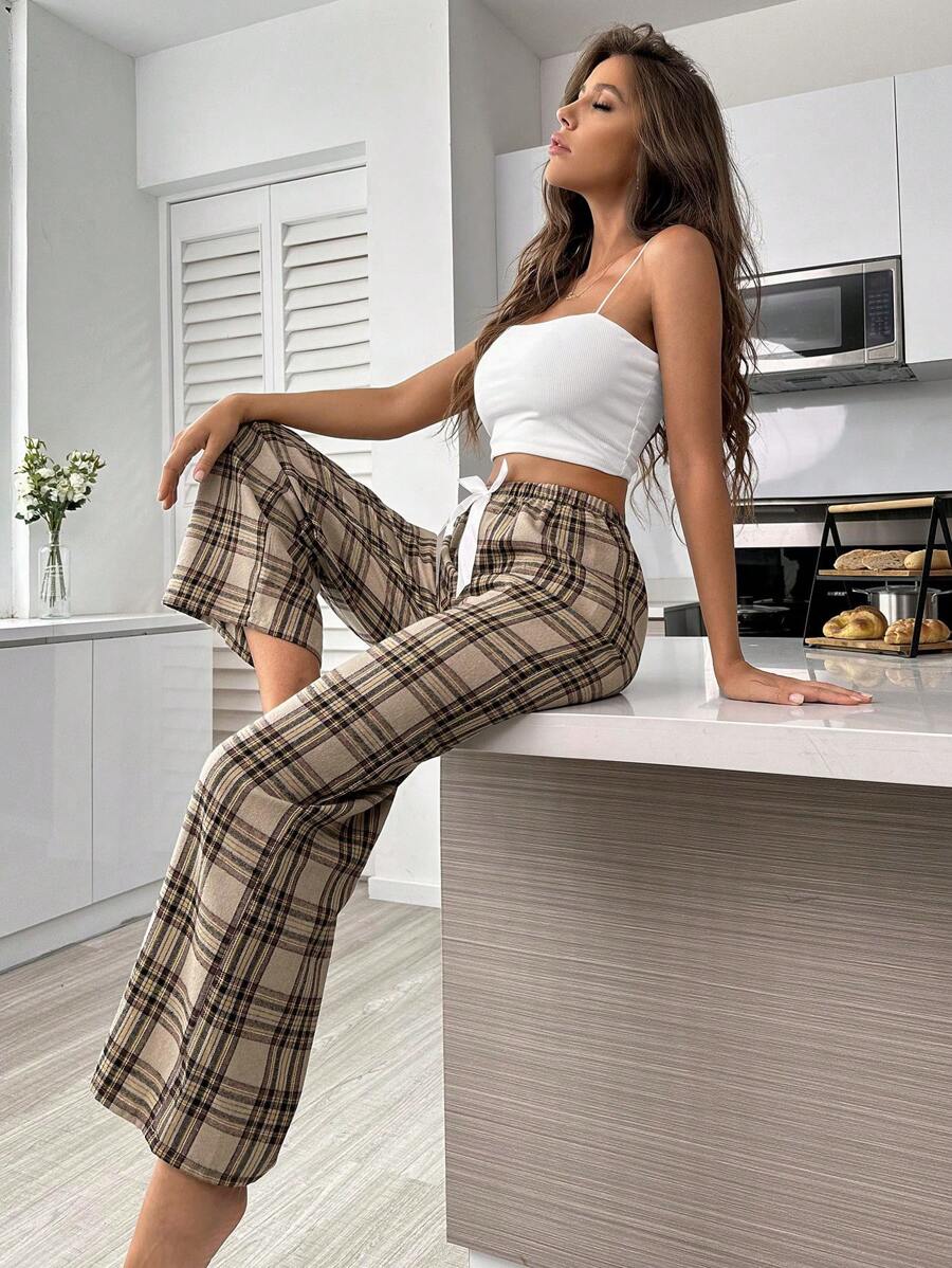 Plaid Print Pajama Pants With Bow Detail