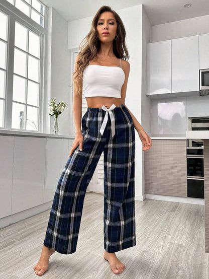 Plaid Print Pajama Pants With Bow Detail