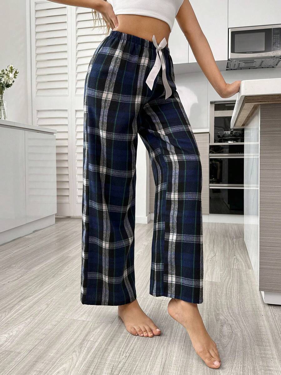 Plaid Print Pajama Pants With Bow Detail