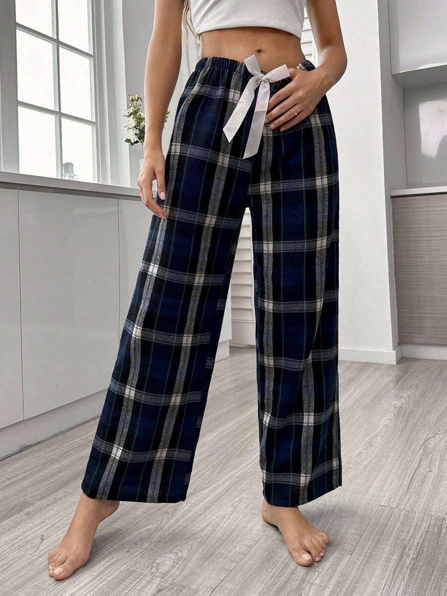 Plaid Print Pajama Pants With Bow Detail