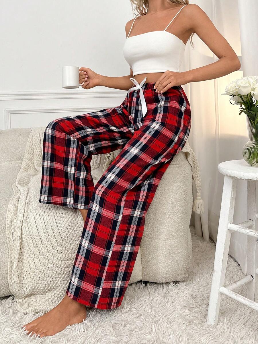 Plaid Print Pajama Pants With Bow Detail