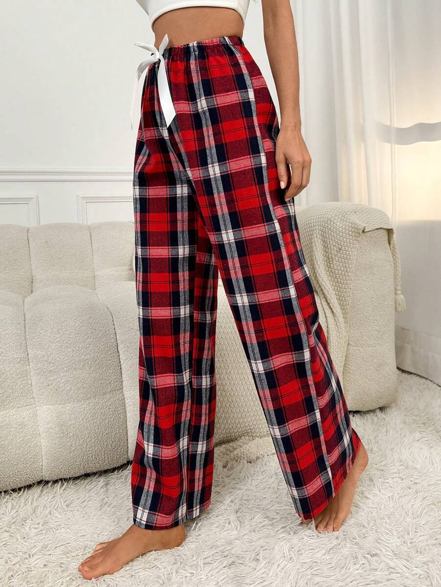 Plaid Print Pajama Pants With Bow Detail