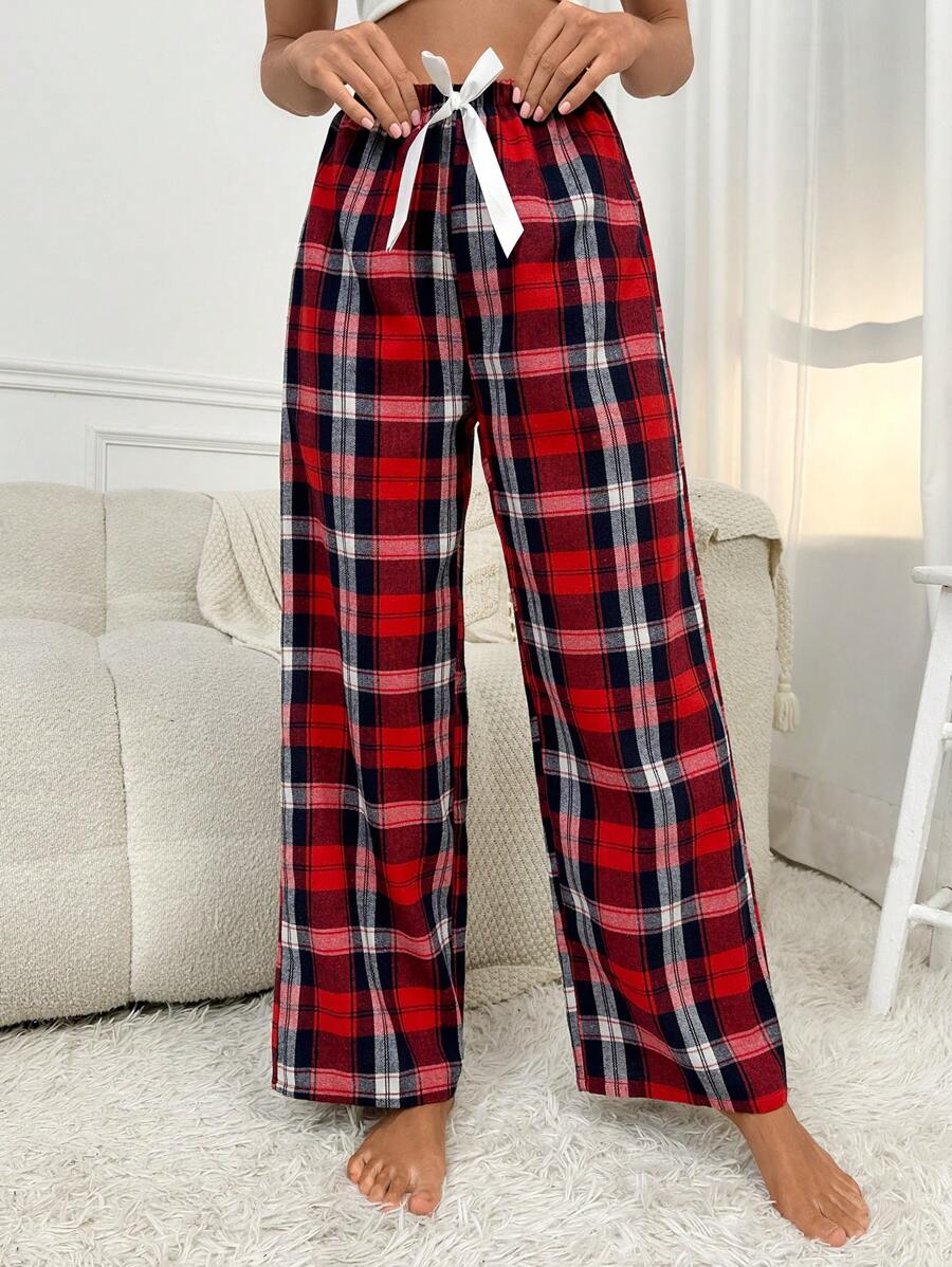 Plaid Print Pajama Pants With Bow Detail