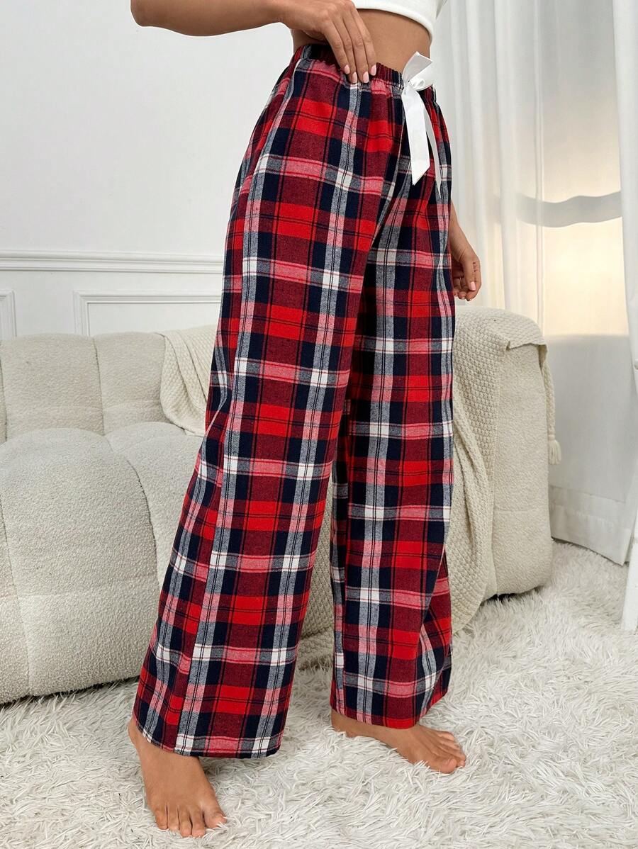 Plaid Print Pajama Pants With Bow Detail