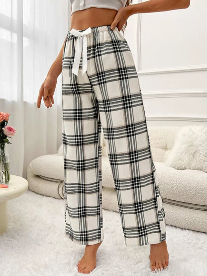 Plaid Print Pajama Pants With Bow Detail