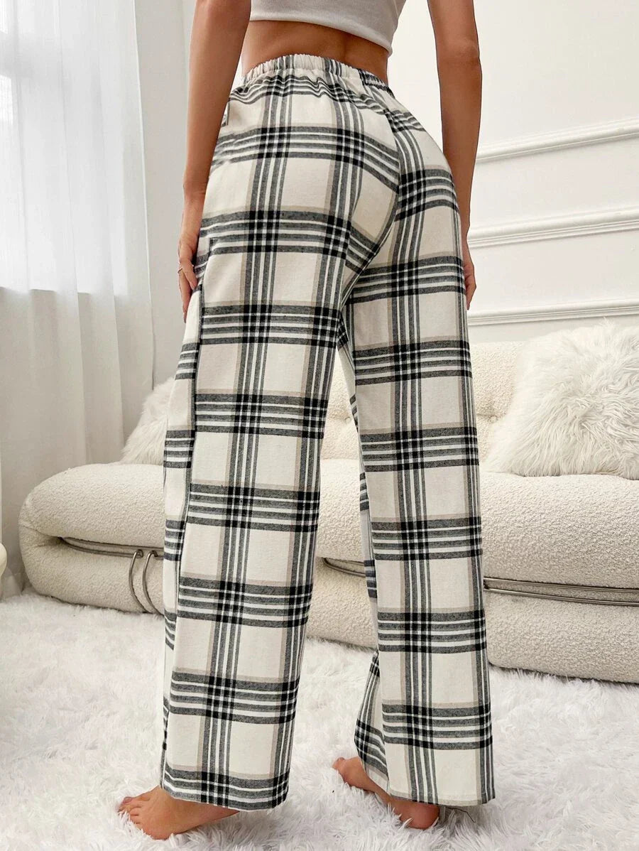 Plaid Print Pajama Pants With Bow Detail