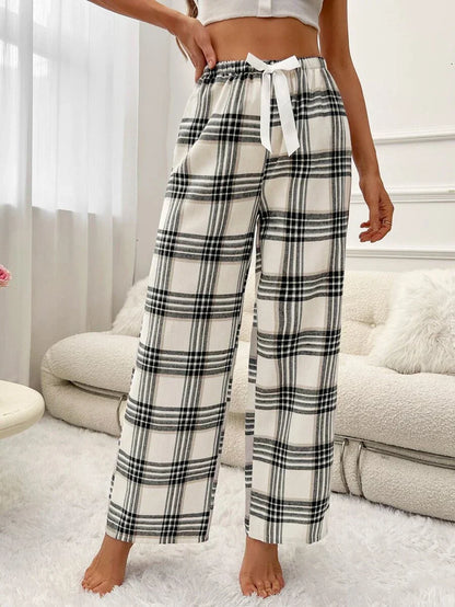 Plaid Print Pajama Pants With Bow Detail