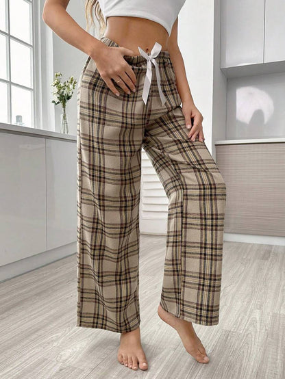 Plaid Print Pajama Pants With Bow Detail