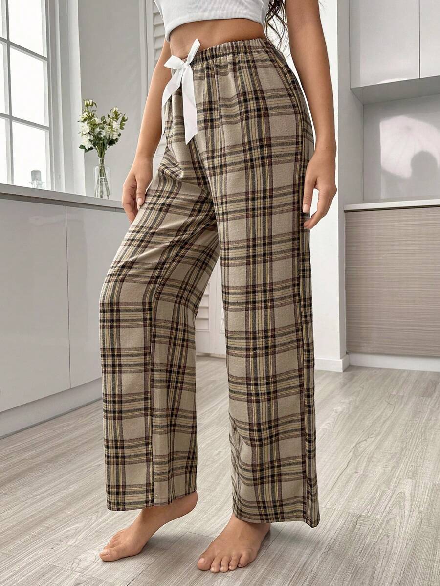 Plaid Print Pajama Pants With Bow Detail