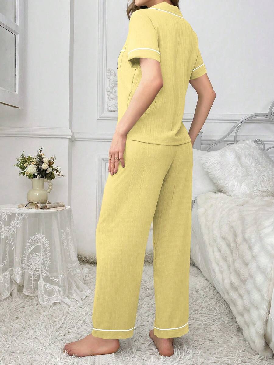 Teddy Bear Embroidery Pajama Set With Pocket