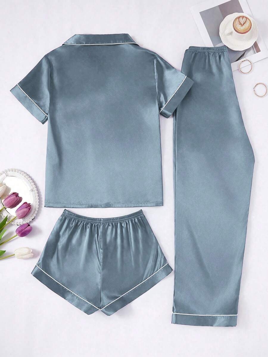 3 Piece Silky Satin Button Front Pajama Set