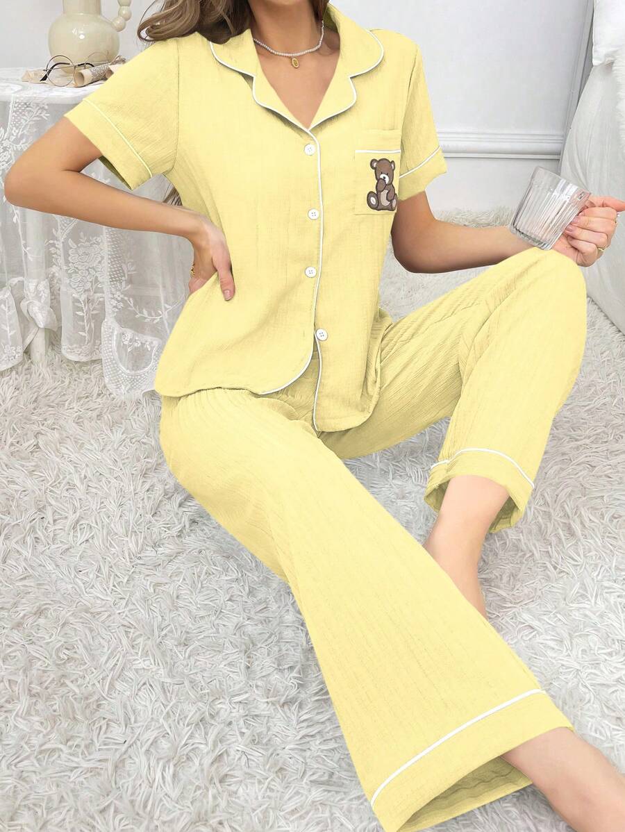 Teddy Bear Embroidery Pajama Set With Pocket