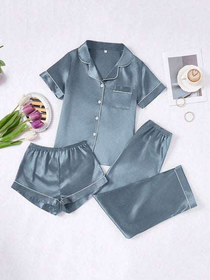 3 Piece Silky Satin Button Front Pajama Set