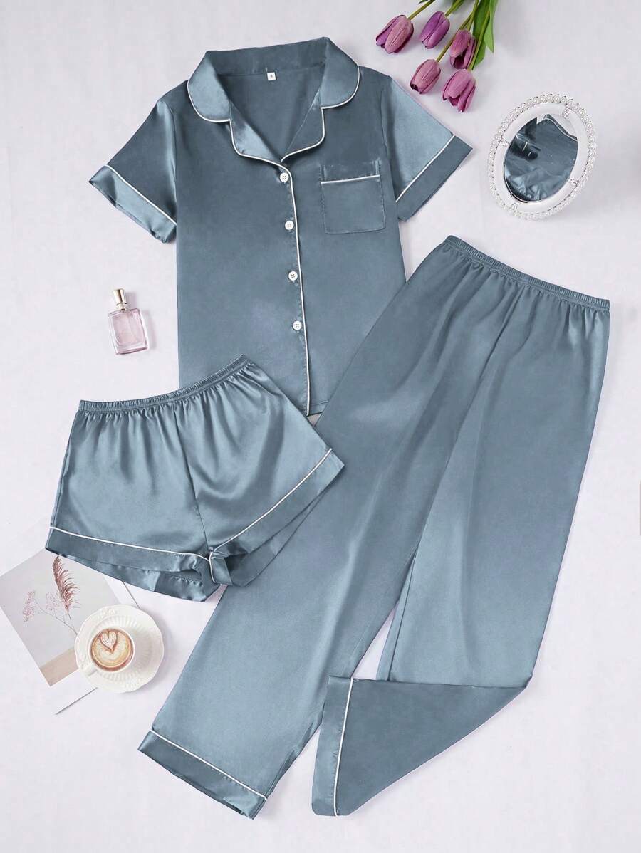 3 Piece Silky Satin Button Front Pajama Set