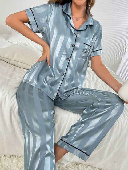 Striped Simulated Silk Jacquard Pajama Set