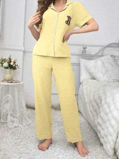 Teddy Bear Embroidery Pajama Set With Pocket