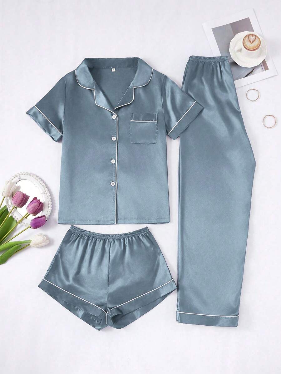 3 Piece Silky Satin Button Front Pajama Set